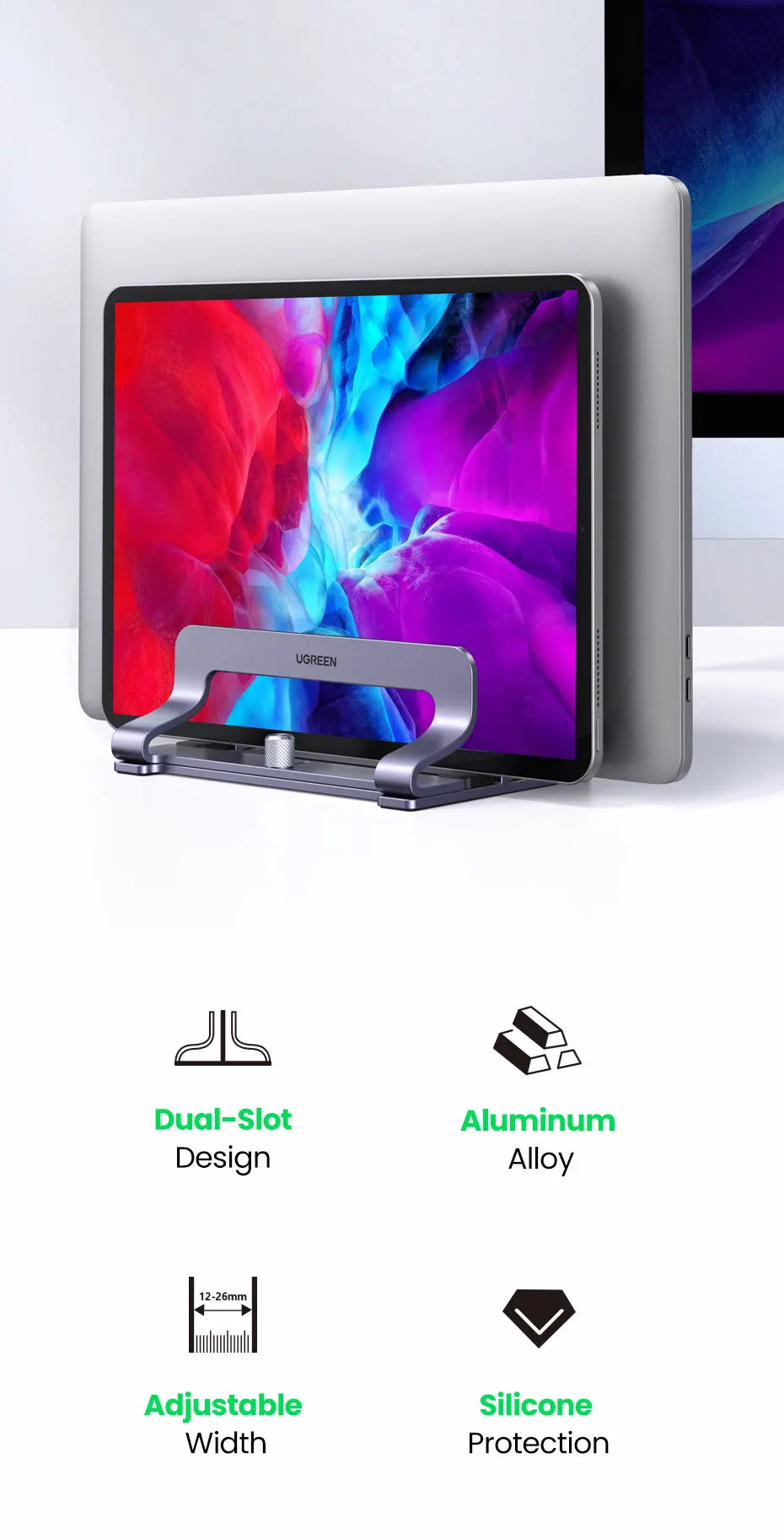 UGREEN Dual Slot Adjustable Vertical Aluminum Laptop Stand Holder