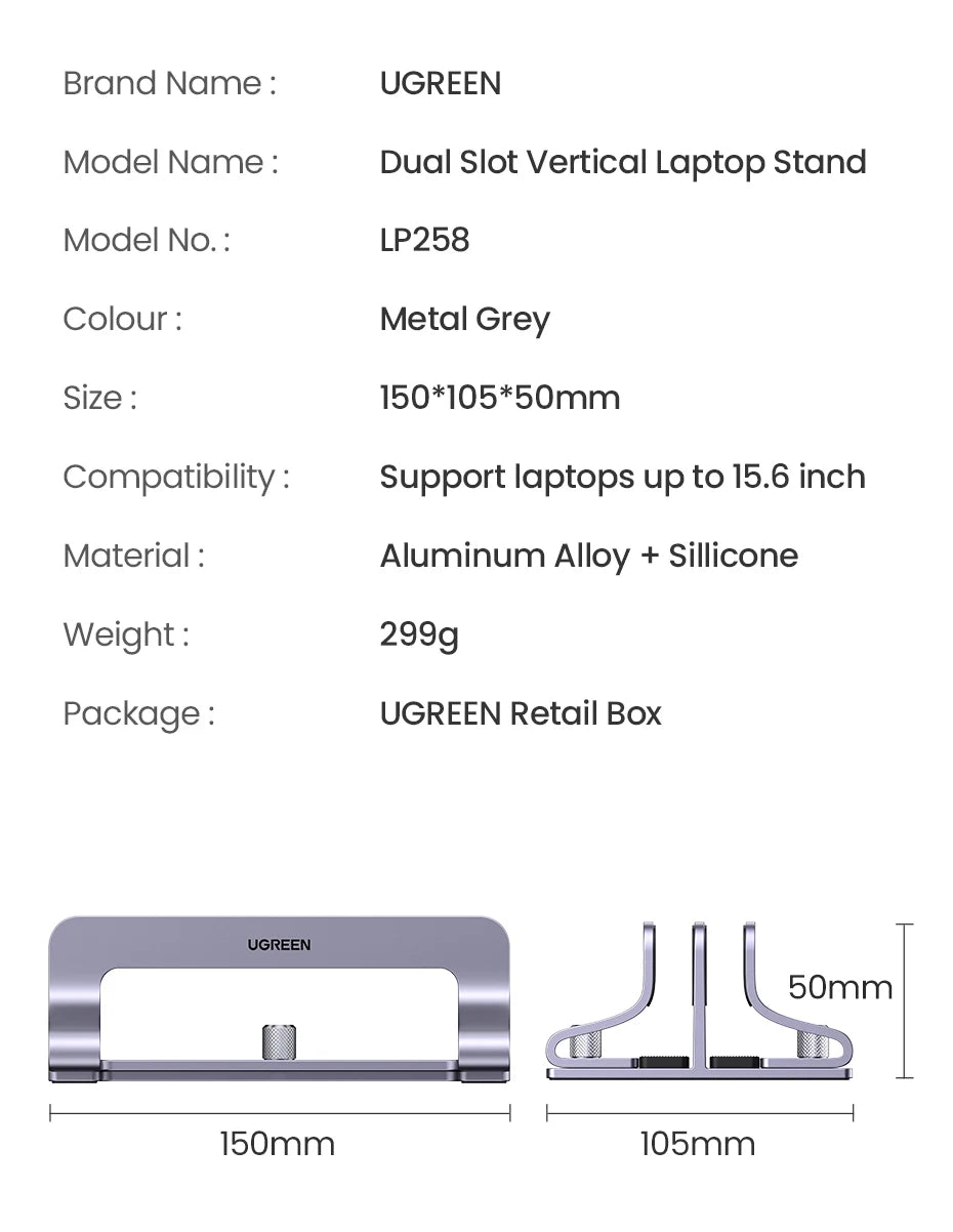UGREEN Dual Slot Adjustable Vertical Aluminum Laptop Stand Holder