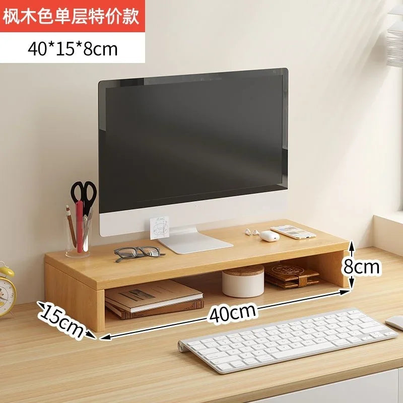 Wooden Desktop Monitor Riser Stand with Storage Shelf