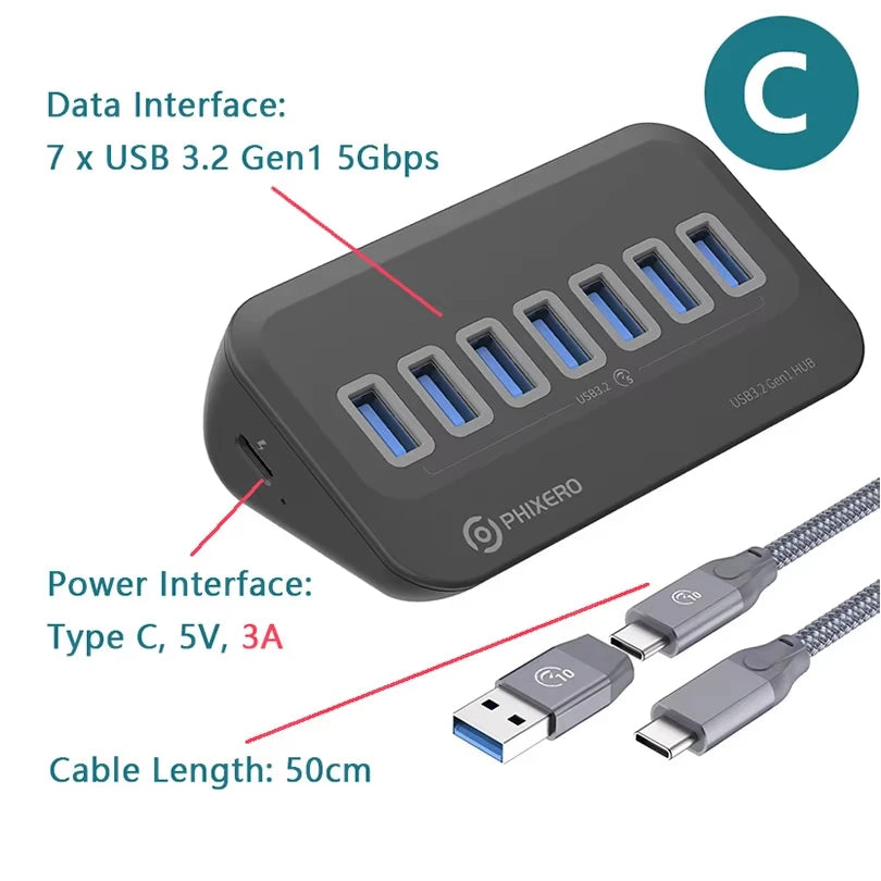 PHIXERO USB 3.2 10Gbps 7-Port Powered Docking Station Hub