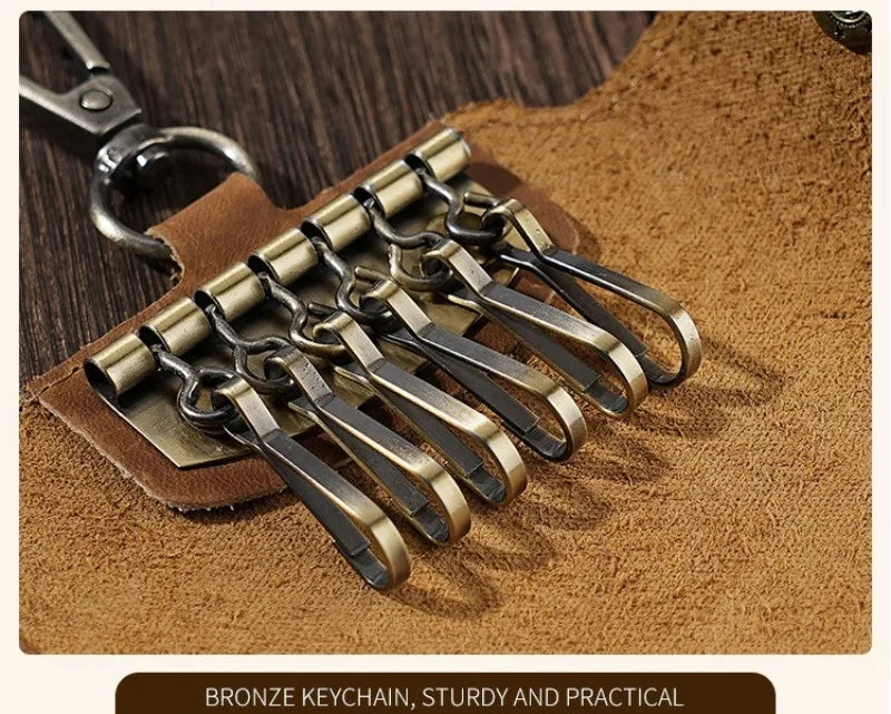 Crazy Horse Leather Key Wallet – Vintage Key Organizer with Card Slots & Snap Closure