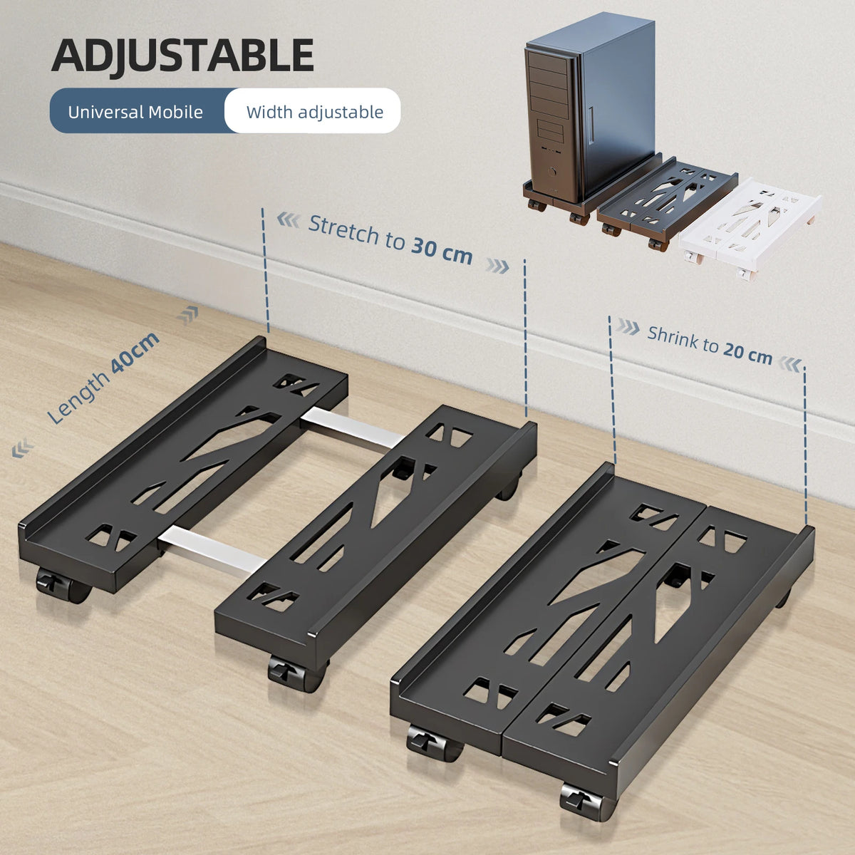 Adjustable Mobile PC Tower CPU Stand with Wheels - Rolling Under-Desk Holder