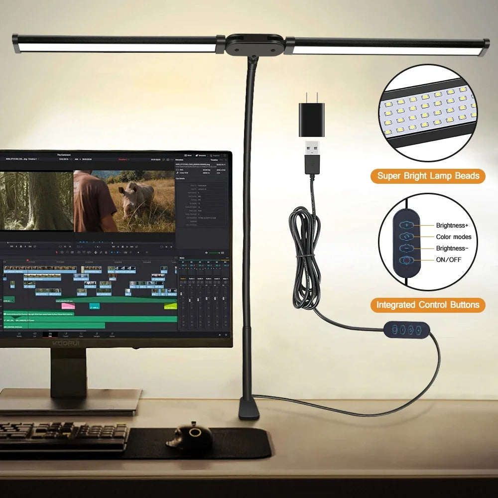 Double-Head LED Monitor Desk Lamp - Dimmable Eye Care Light Bar