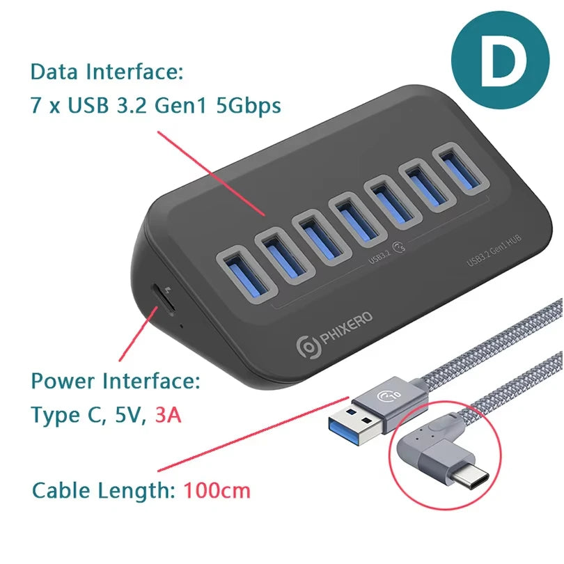 PHIXERO USB 3.2 10Gbps 7-Port Powered Docking Station Hub