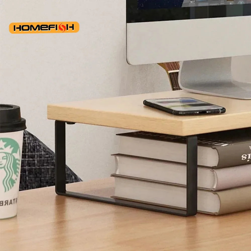 Wooden Desktop Monitor Stand Riser with Storage Rack Shelf