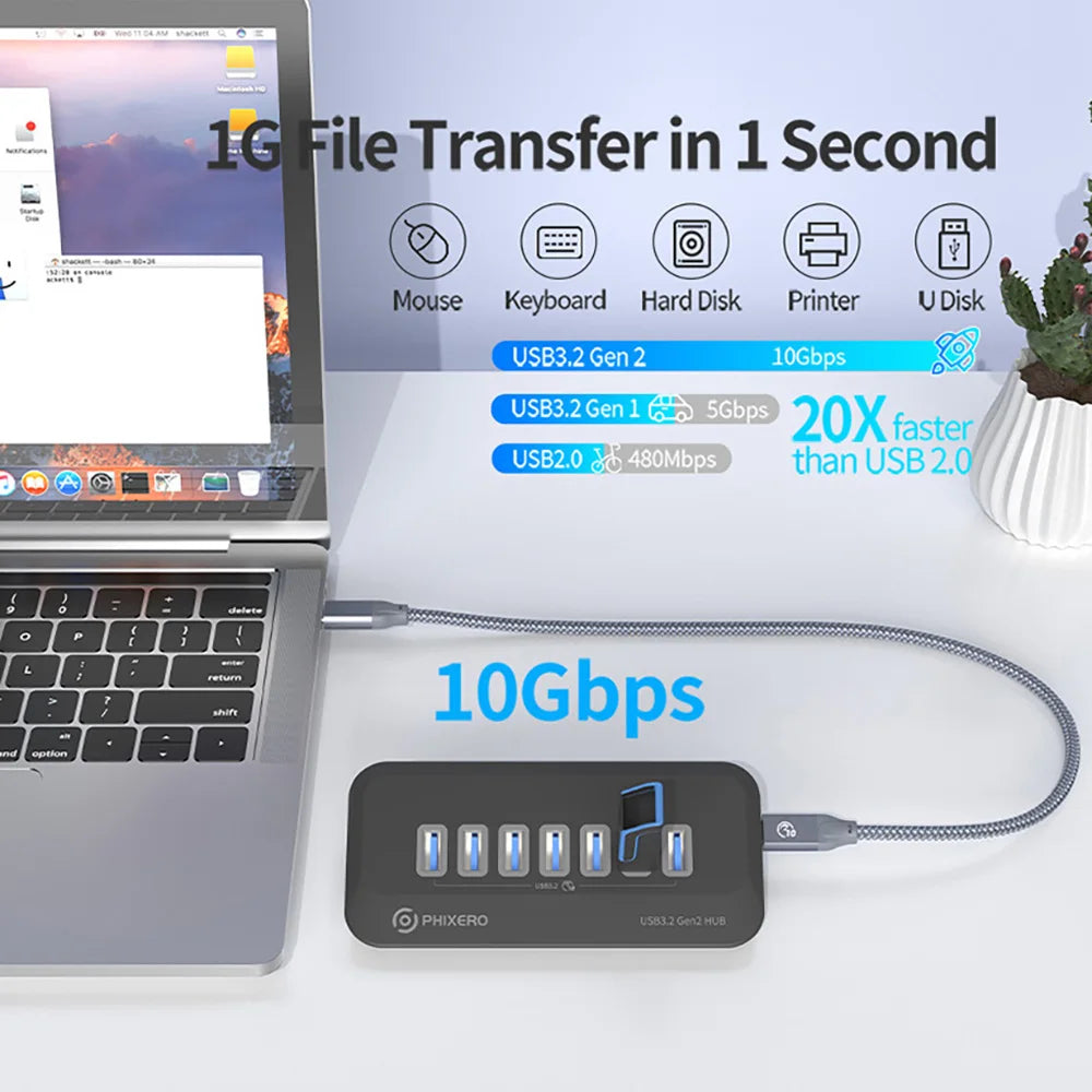PHIXERO USB 3.2 10Gbps 7-Port Powered Docking Station Hub