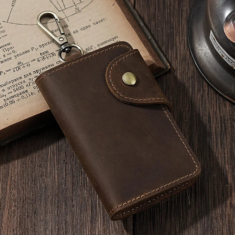 Crazy Horse Leather Key Wallet – Vintage Key Organizer with Card Slots & Snap Closure
