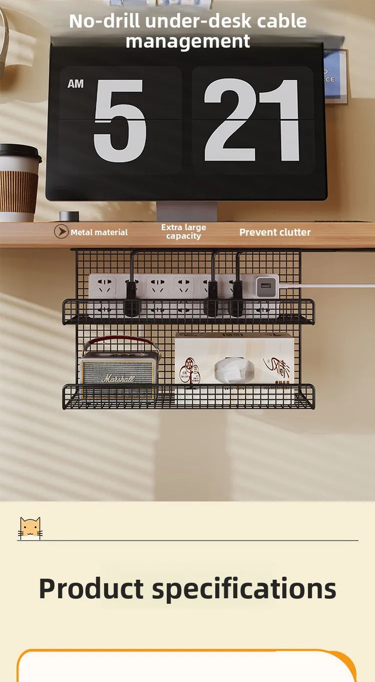 Under-Desk Steel Cable Management Tray - Punch-Free Wire Storage