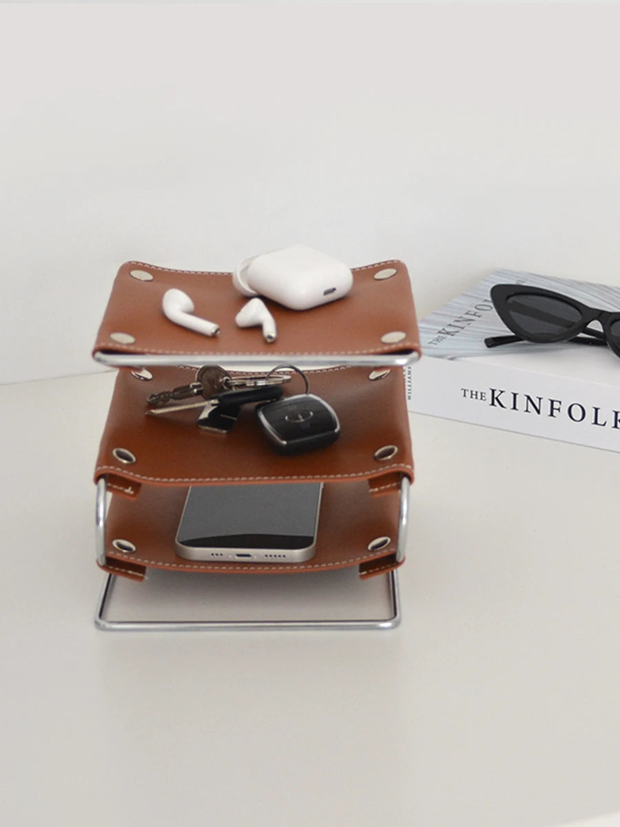Nordic Iron & Leather Desktop Storage Tray Box Organizer