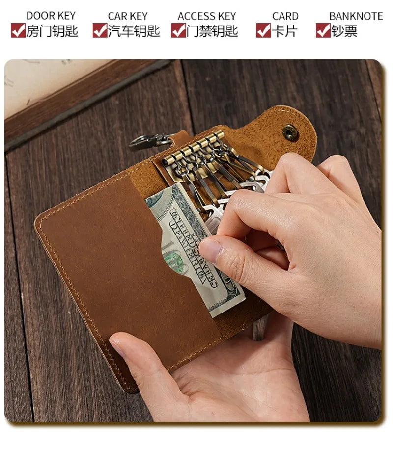 Crazy Horse Leather Key Wallet – Vintage Key Organizer with Card Slots & Snap Closure