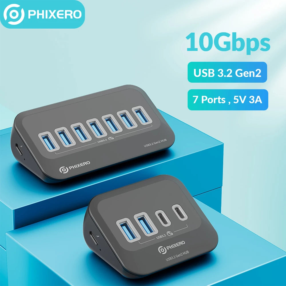 PHIXERO USB 3.2 10Gbps 7-Port Powered Docking Station Hub