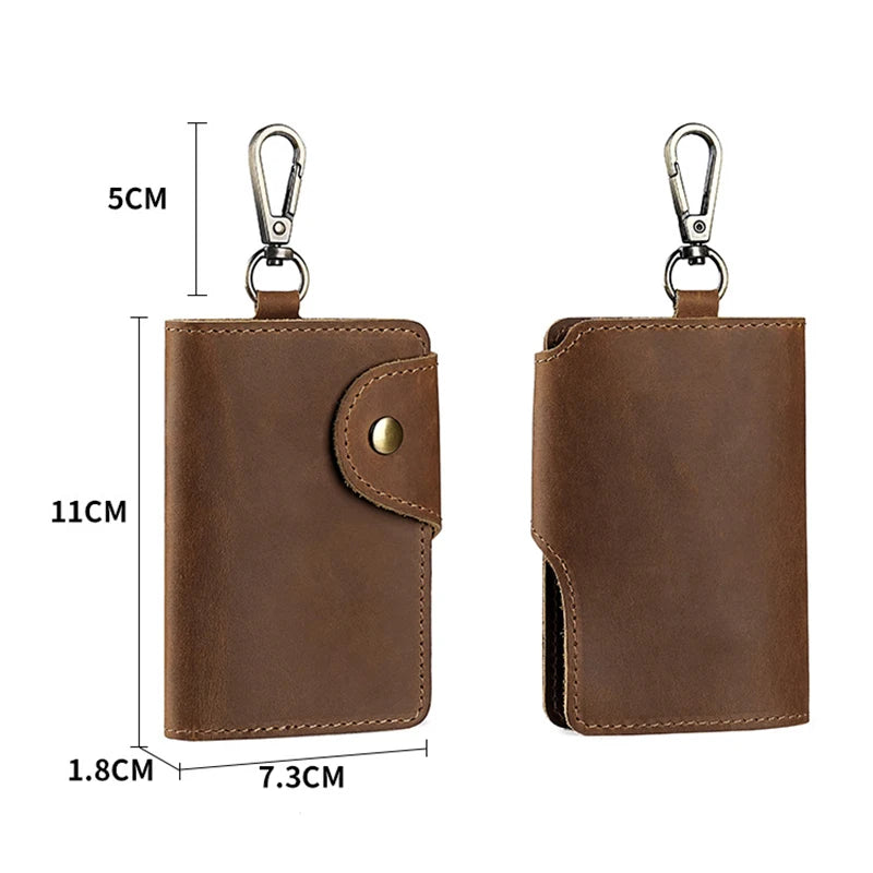 Crazy Horse Leather Key Wallet – Vintage Key Organizer with Card Slots & Snap Closure