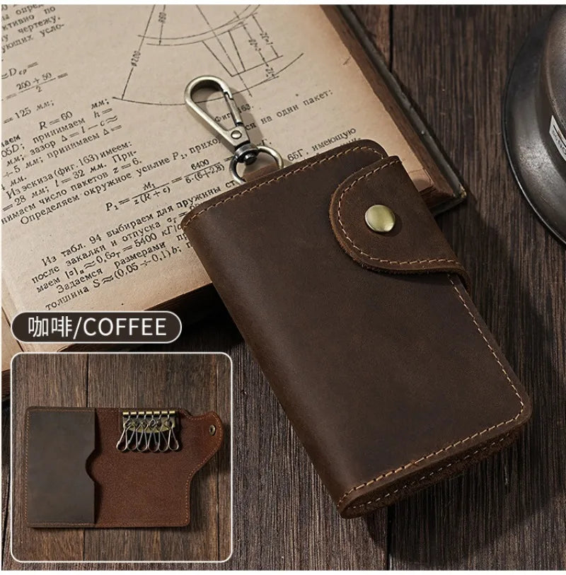 Crazy Horse Leather Key Wallet – Vintage Key Organizer with Card Slots & Snap Closure
