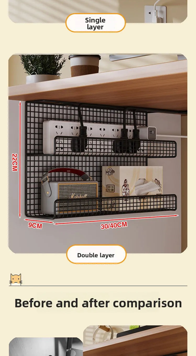 Under-Desk Steel Cable Management Tray - Punch-Free Wire Storage