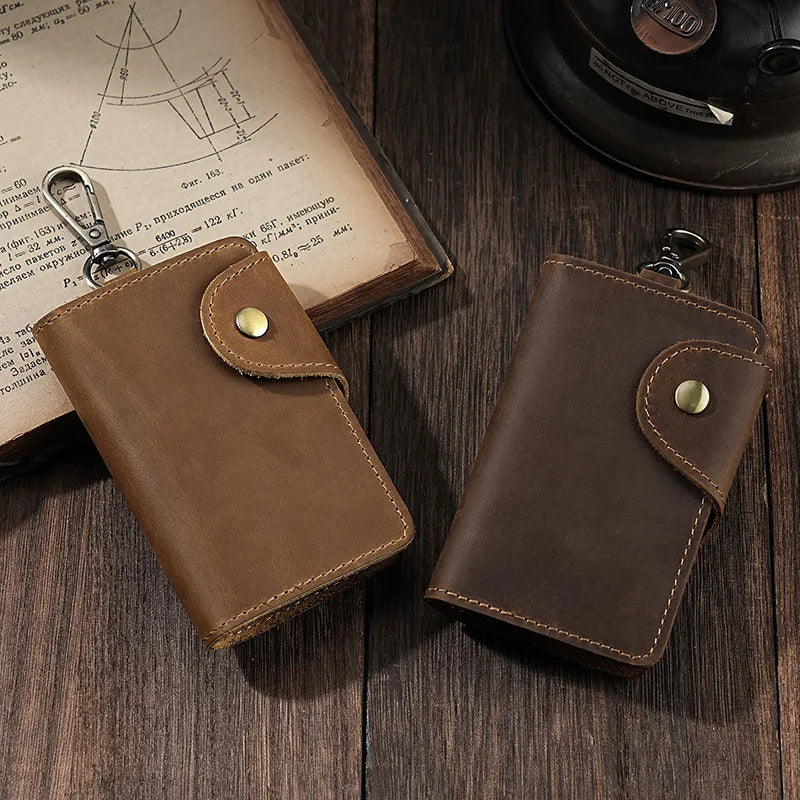 Crazy Horse Leather Key Wallet – Vintage Key Organizer with Card Slots & Snap Closure