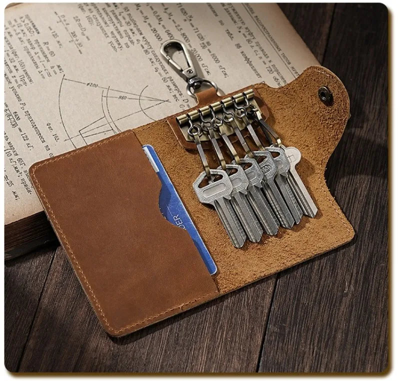 Crazy Horse Leather Key Wallet – Vintage Key Organizer with Card Slots & Snap Closure