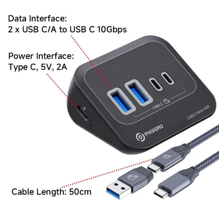 PHIXERO USB 3.2 10Gbps 7-Port Powered Docking Station Hub