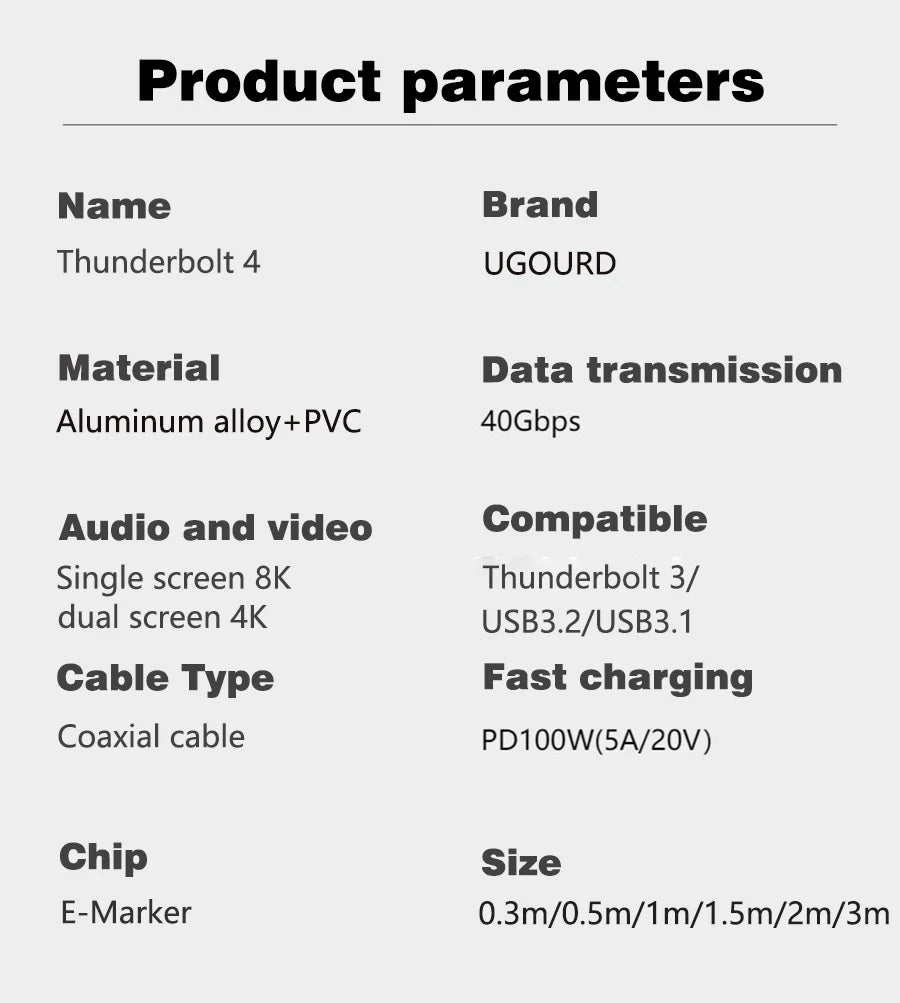 UGOURD Thunderbolt 4 USB4 Type-C Cable - 40Gbps 100W Fast Charging