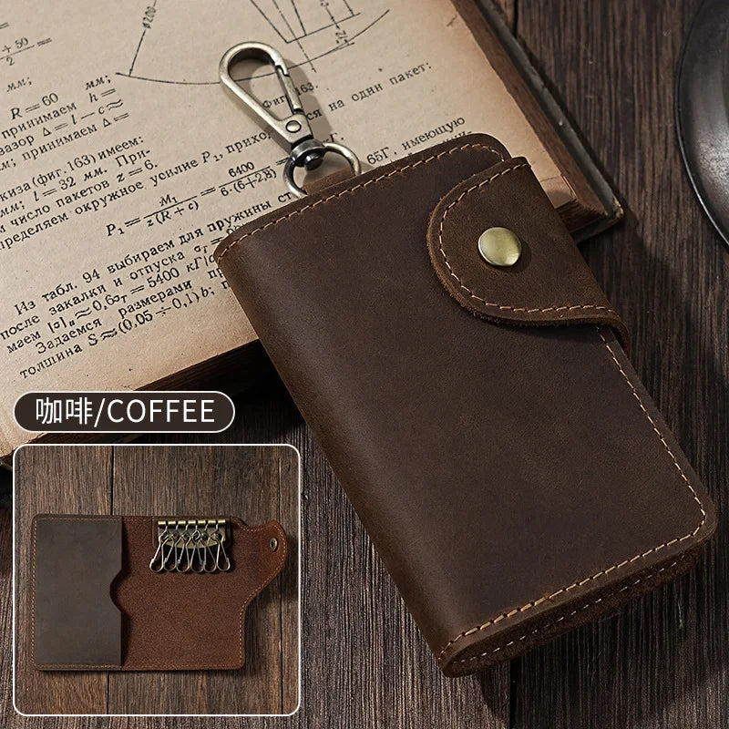 Crazy Horse Leather Key Wallet – Vintage Key Organizer with Card Slots & Snap Closure