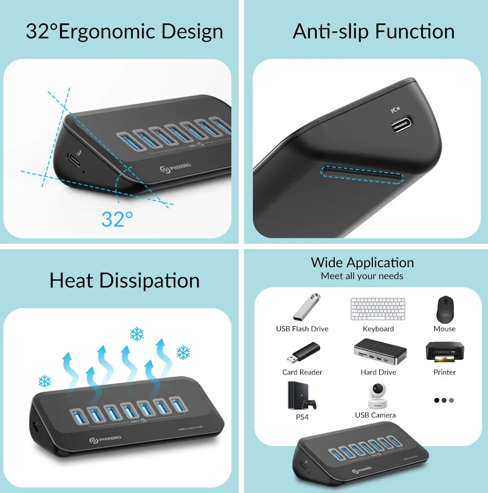 PHIXERO USB 3.2 10Gbps 7-Port Powered Docking Station Hub