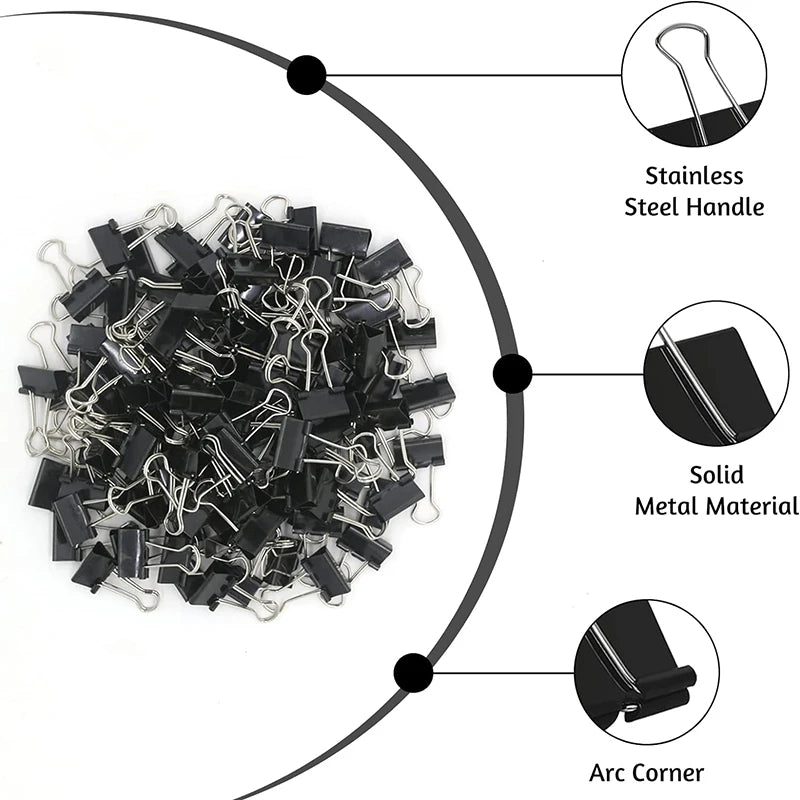 50-Pack Mini 15mm Black Binder Clips - Office Paper Supplies