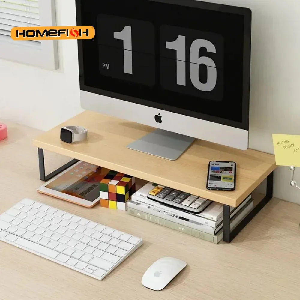 Wooden Desktop Monitor Stand Riser with Storage Rack Shelf