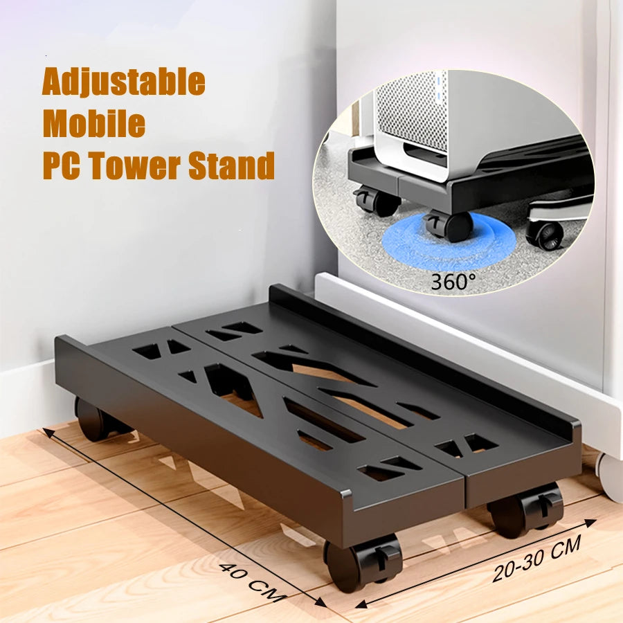 Adjustable Mobile PC Tower CPU Stand with Wheels - Rolling Under-Desk Holder