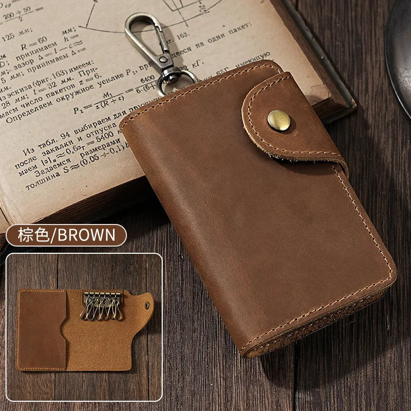 Crazy Horse Leather Key Wallet – Vintage Key Organizer with Card Slots & Snap Closure