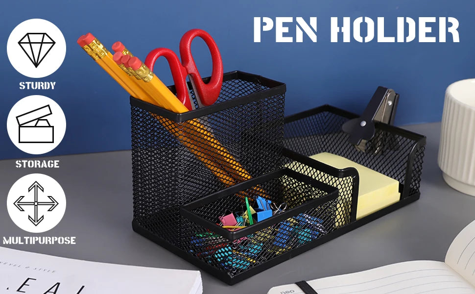 Mesh Desk Organizer Caddy - 3 Compartments Metal Pencil Holder