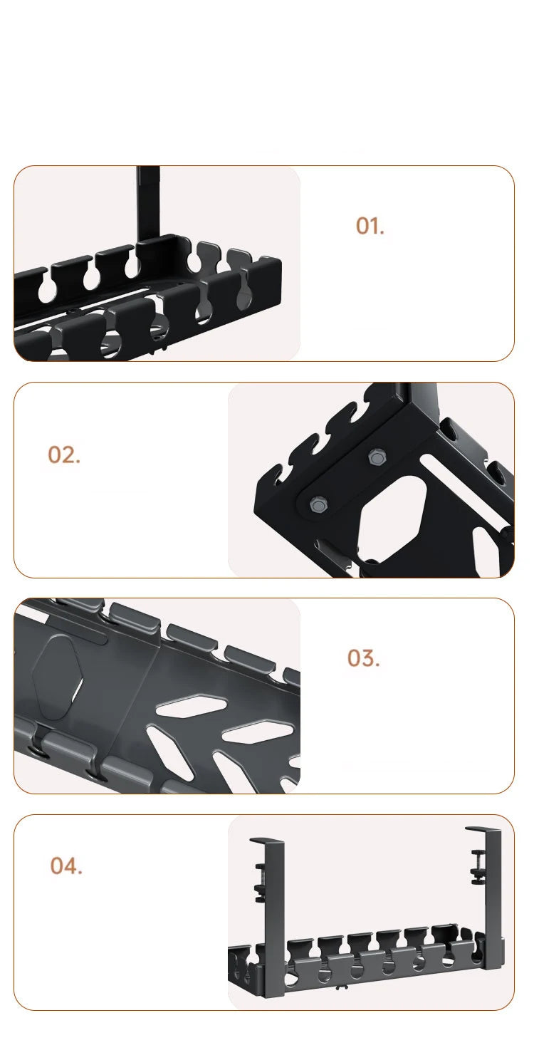 No-Drill Under-Desk Cable Storage Rack & Power Strip Holder Tray