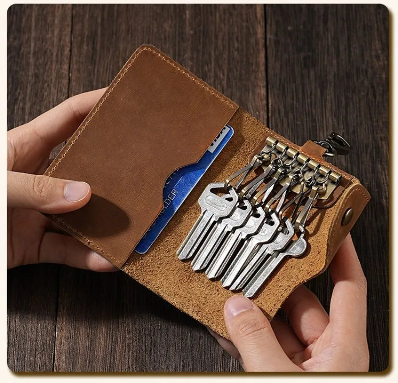 Crazy Horse Leather Key Wallet – Vintage Key Organizer with Card Slots & Snap Closure
