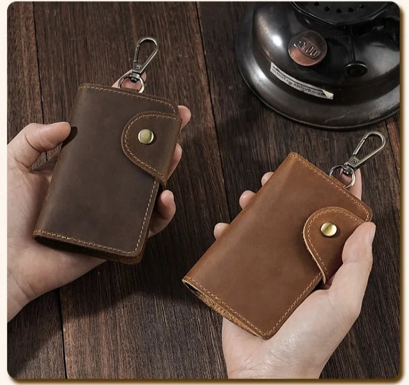 Crazy Horse Leather Key Wallet – Vintage Key Organizer with Card Slots & Snap Closure