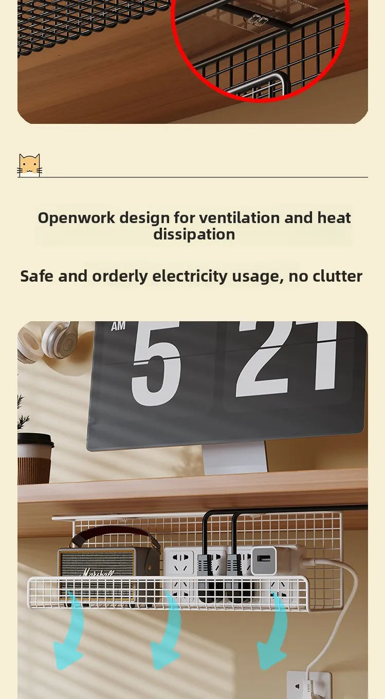 Under-Desk Steel Cable Management Tray - Punch-Free Wire Storage