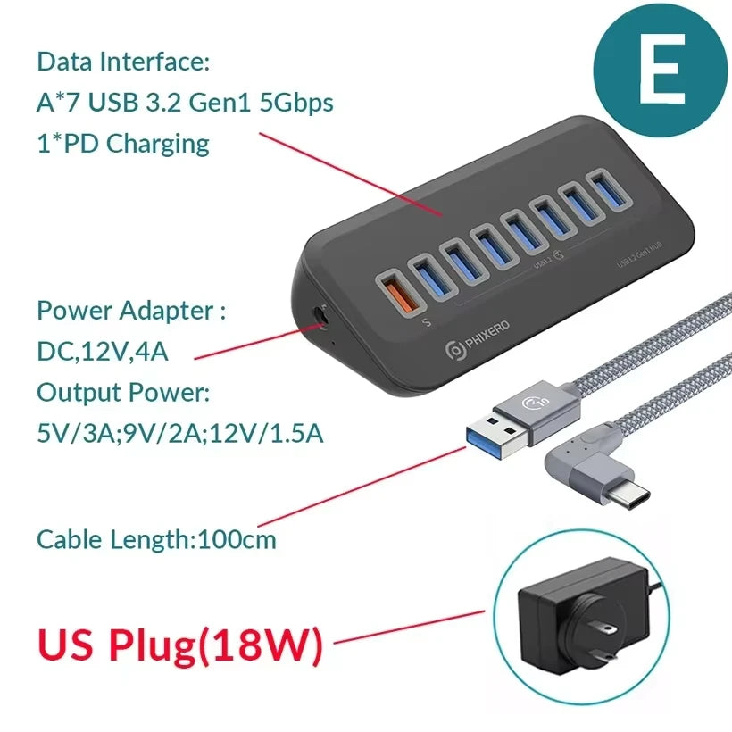 PHIXERO USB 3.2 10Gbps 7-Port Powered Docking Station Hub