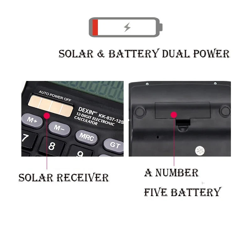12-Digit Solar Desktop Calculator - Large LCD Display Dual Power