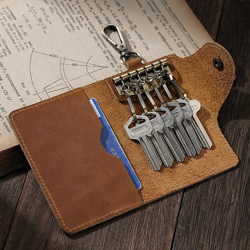 Crazy Horse Leather Key Wallet – Vintage Key Organizer with Card Slots & Snap Closure