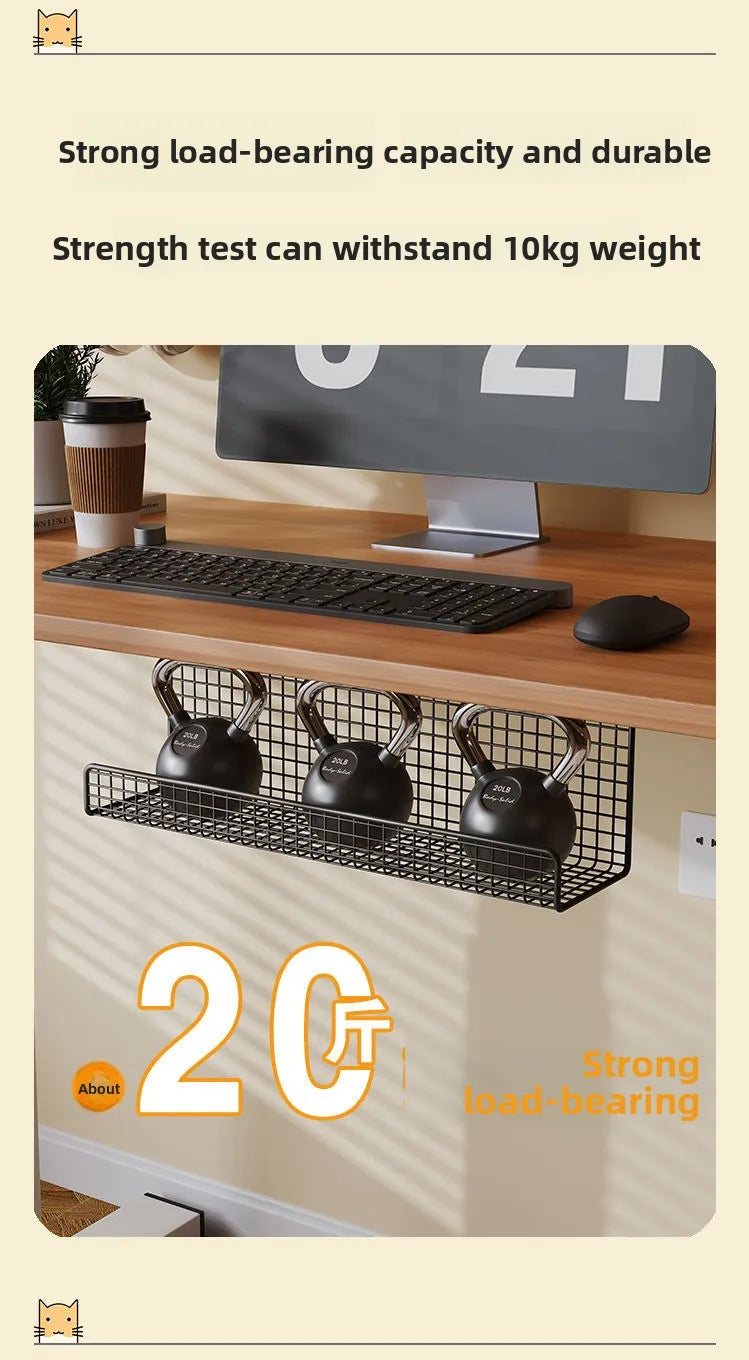 Under-Desk Steel Cable Management Tray - Punch-Free Wire Storage
