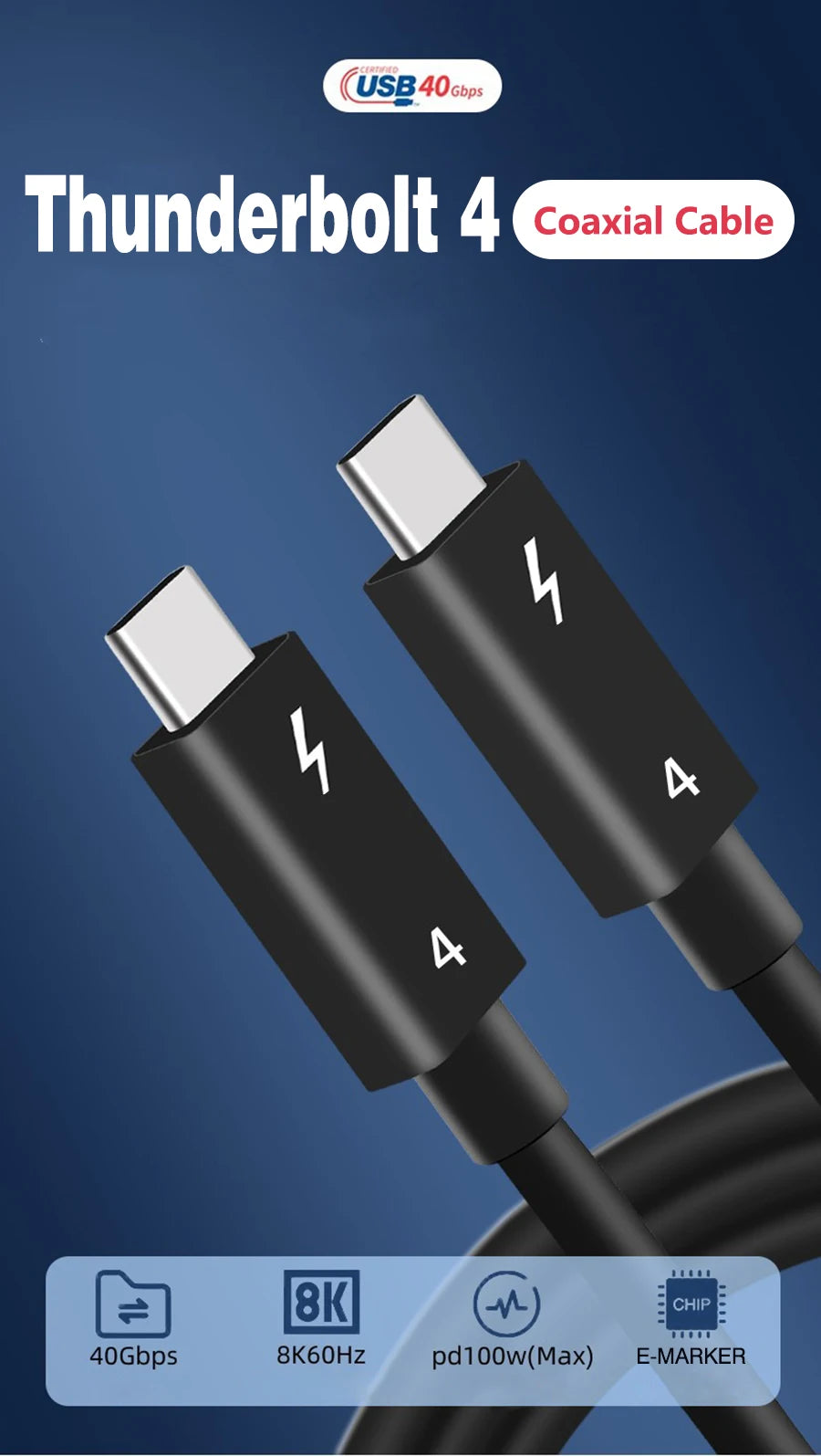 UGOURD Thunderbolt 4 USB4 Type-C Cable - 40Gbps 100W Fast Charging