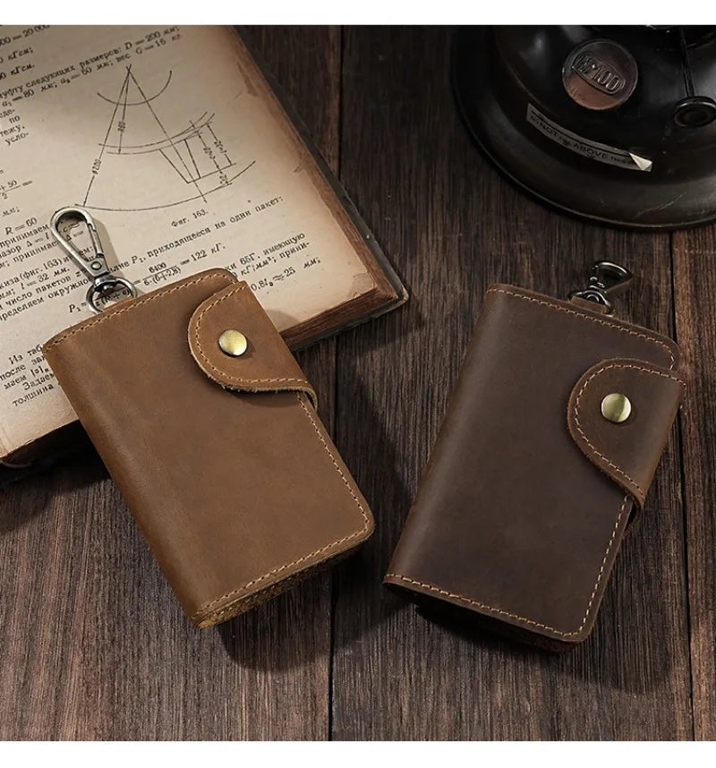 Crazy Horse Leather Key Wallet – Vintage Key Organizer with Card Slots & Snap Closure