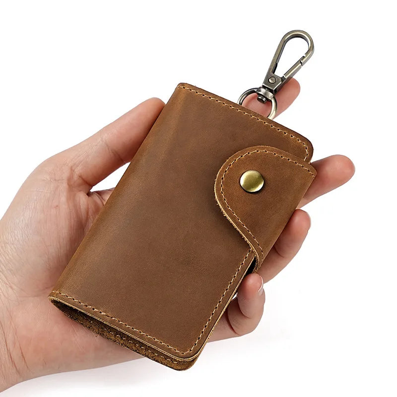 Crazy Horse Leather Key Wallet – Vintage Key Organizer with Card Slots & Snap Closure
