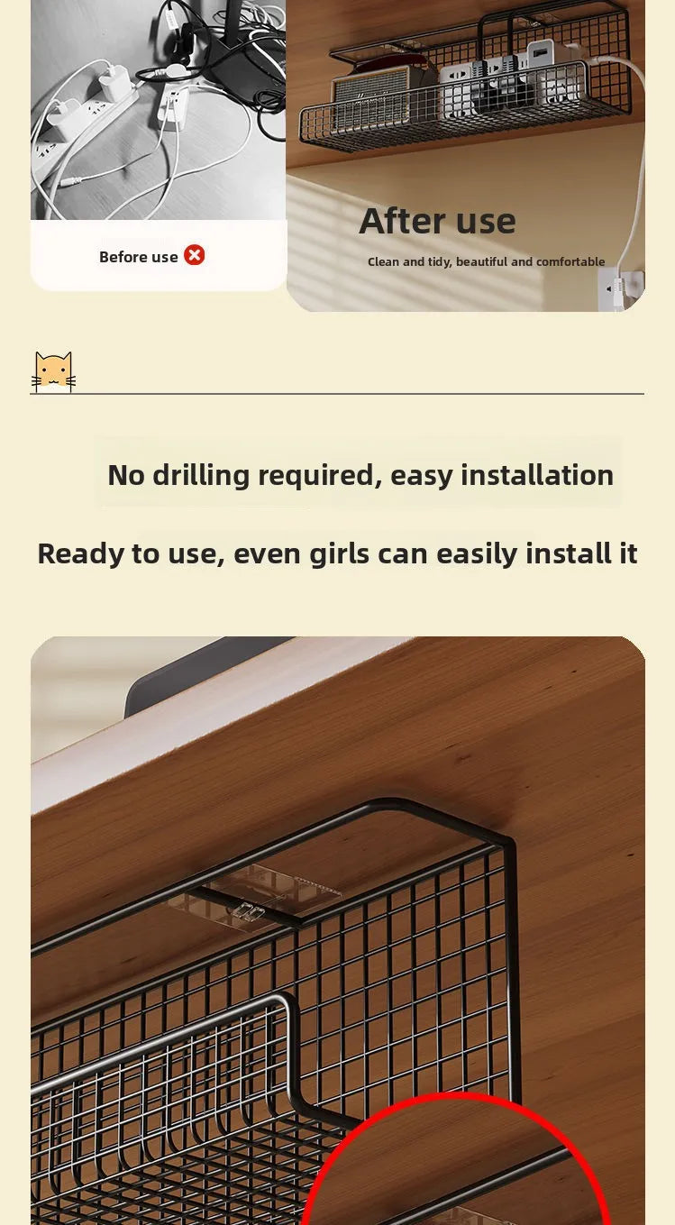 Under-Desk Steel Cable Management Tray - Punch-Free Wire Storage