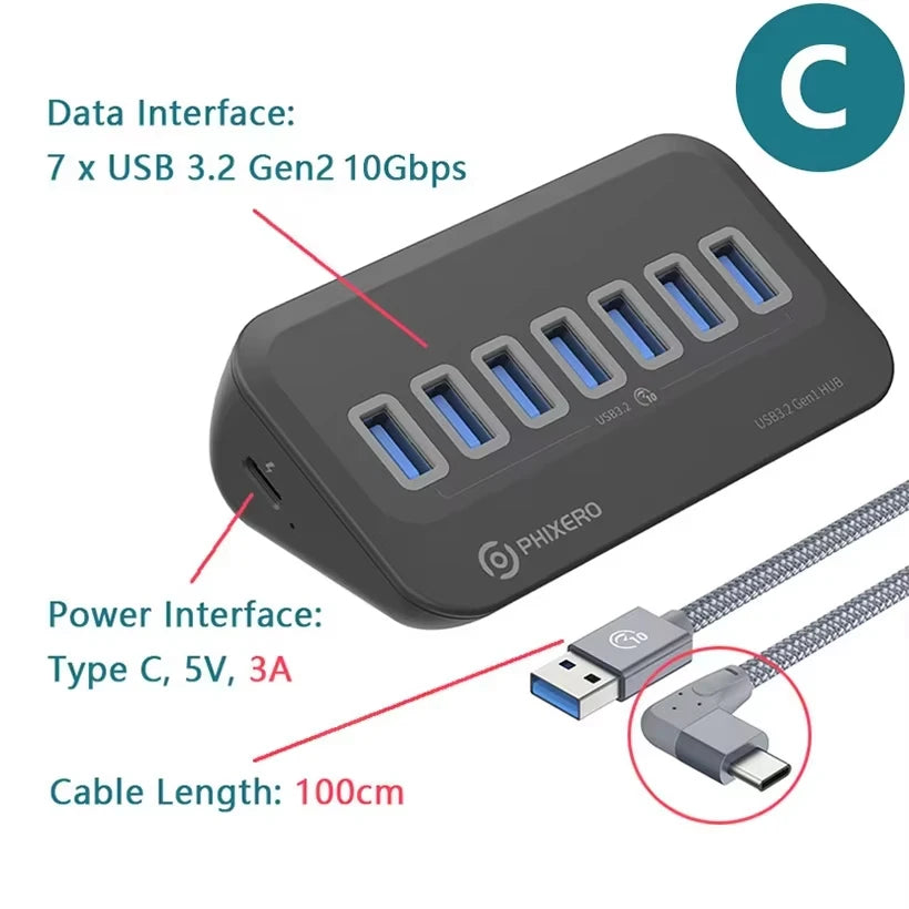 PHIXERO USB 3.2 10Gbps 7-Port Powered Docking Station Hub
