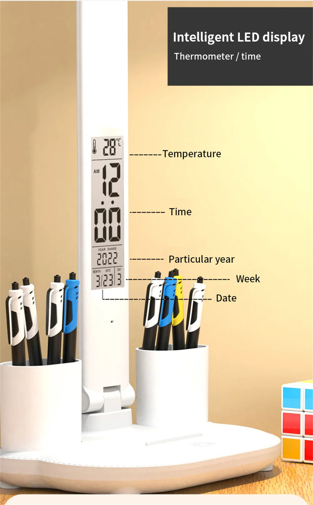 Touch-Dimmable LED Desk Lamp with Clock Calendar & Temperature Display