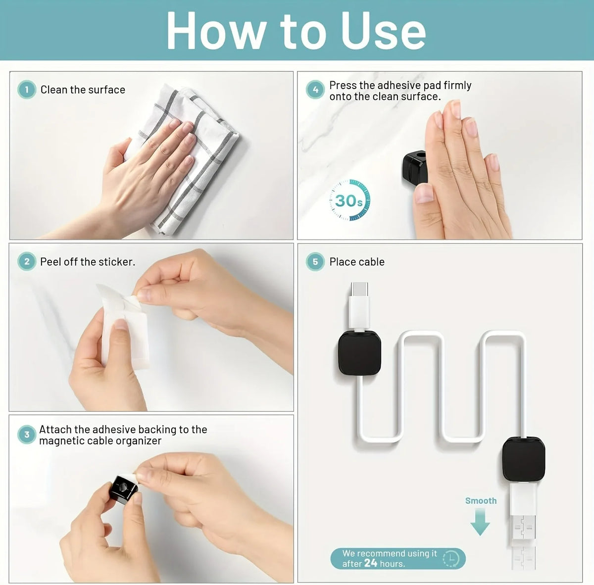 Magnetic Under-Desk Cable Clips & Cord Organizer Keepers