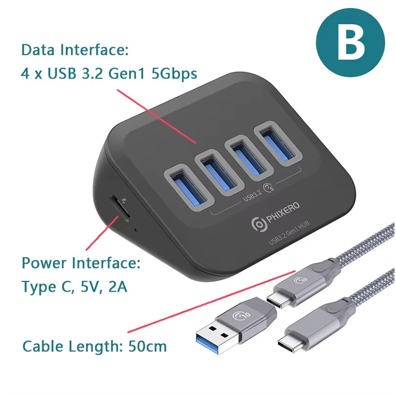 PHIXERO USB 3.2 10Gbps 7-Port Powered Docking Station Hub