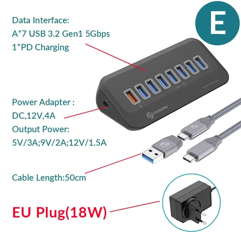 PHIXERO USB 3.2 10Gbps 7-Port Powered Docking Station Hub