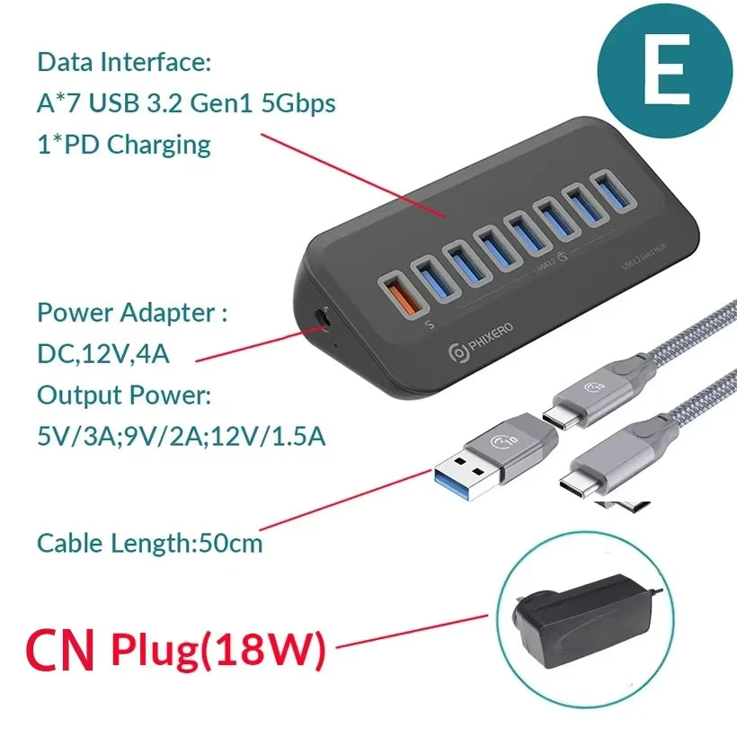PHIXERO USB 3.2 10Gbps 7-Port Powered Docking Station Hub