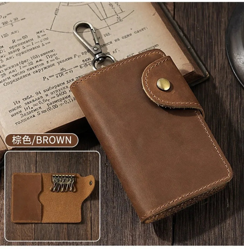 Crazy Horse Leather Key Wallet – Vintage Key Organizer with Card Slots & Snap Closure