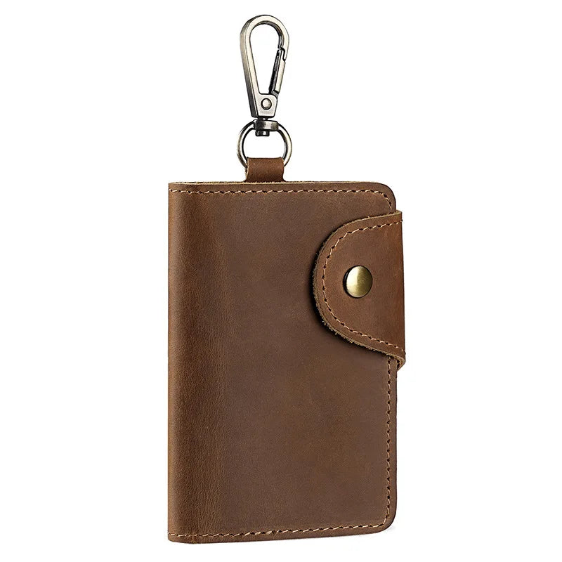 Crazy Horse Leather Key Wallet – Vintage Key Organizer with Card Slots & Snap Closure
