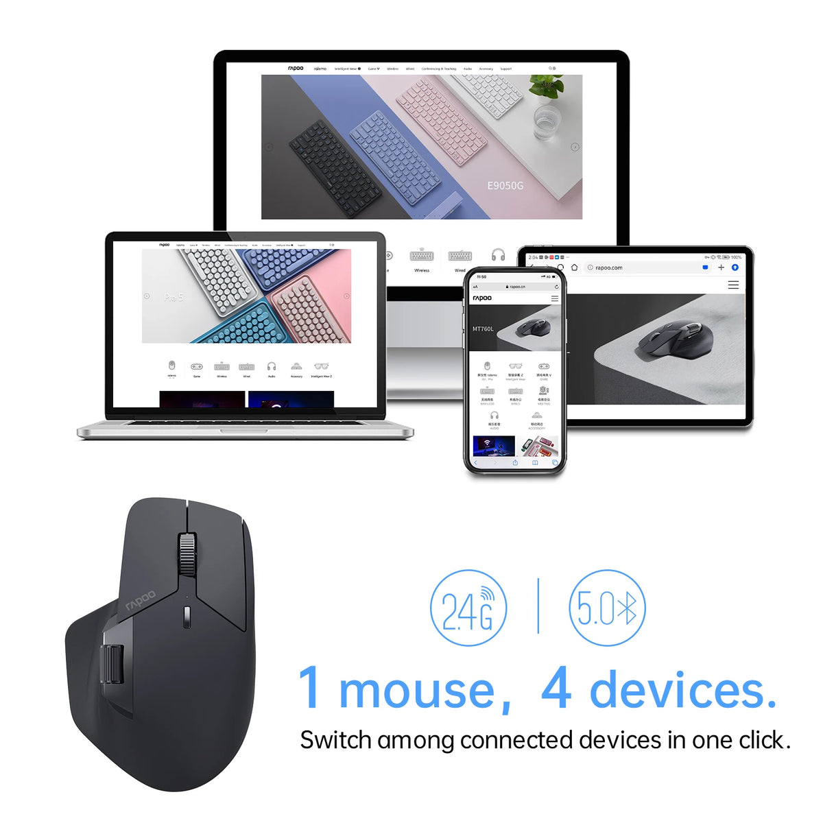 Rapoo MT760 Multi-Mode Ergonomic Wireless Mouse - 4000 DPI